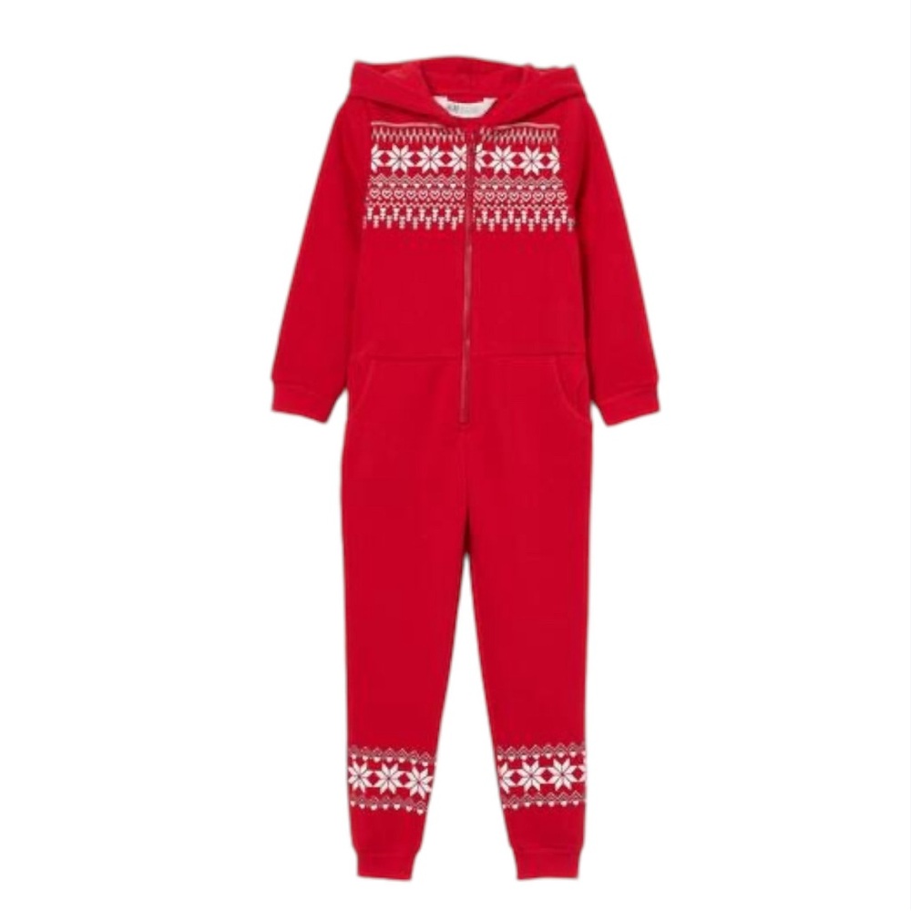 Winter Red One Piece Jumpsuit with Heart and Snowflake Print